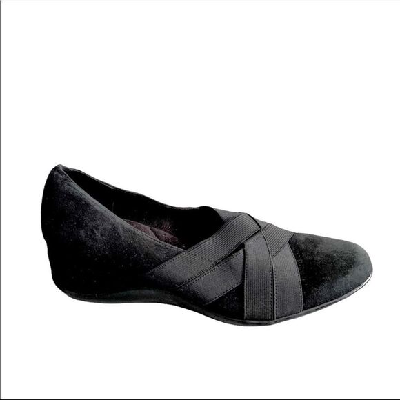 BROWNS Black Suede Slip On Wedge Shoes With Elastic 7.5 - Picture 1 of 10